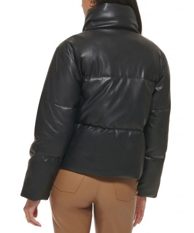 Women's Cropped Faux-Leather Puffer Coat Black $45.44 Jackets