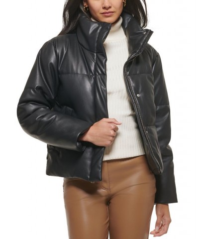 Women's Cropped Faux-Leather Puffer Coat Black $45.44 Jackets