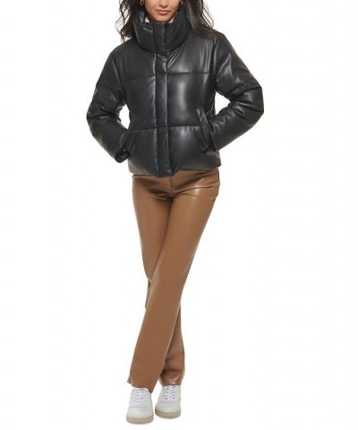 Women's Cropped Faux-Leather Puffer Coat Black $45.44 Jackets