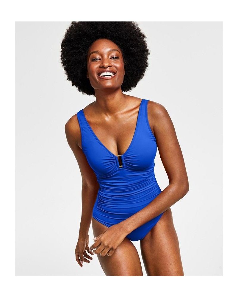 Ralph Lauren Ring Over The Shoulder One Piece Swimsuit Royal Blue $72.85 Swimsuits