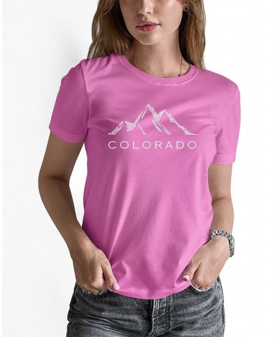 Women's Word Art Colorado Ski Towns Short Sleeve T-shirt Pink $17.50 Tops