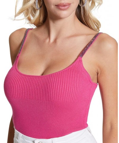 Women's Nevia Solid Rhinestone-Strap Bodysuit Pink $29.27 Tops