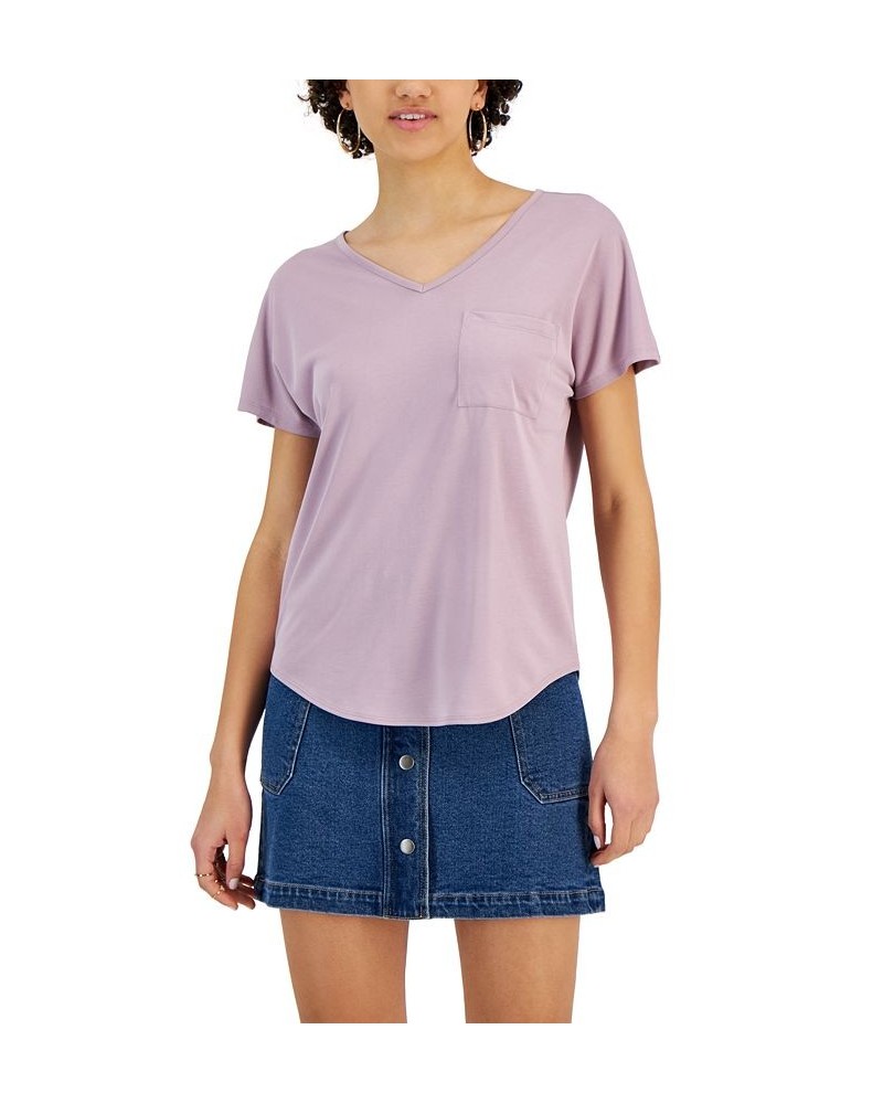 Juniors' V-Neck Short-Sleeve Patch Pocket T-Shirt Purple $9.68 Tops