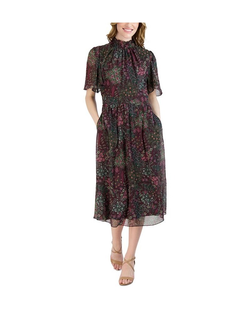 Women's Mock Neck Flutter-Sleeve Midi Dress Wine Multi $41.70 Dresses