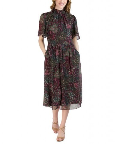 Women's Mock Neck Flutter-Sleeve Midi Dress Wine Multi $41.70 Dresses