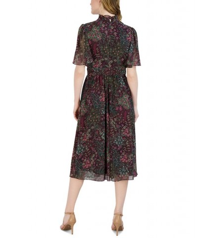 Women's Mock Neck Flutter-Sleeve Midi Dress Wine Multi $41.70 Dresses