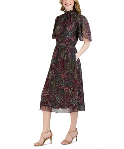 Women's Mock Neck Flutter-Sleeve Midi Dress Wine Multi $41.70 Dresses