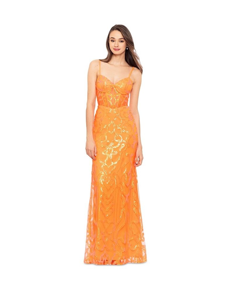 Juniors' Sequined-Pattern Evening Gown Orange $83.30 Dresses