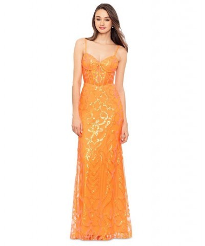 Juniors' Sequined-Pattern Evening Gown Orange $83.30 Dresses