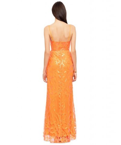 Juniors' Sequined-Pattern Evening Gown Orange $83.30 Dresses