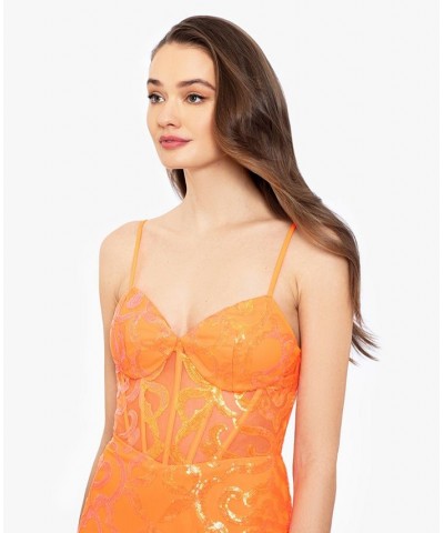 Juniors' Sequined-Pattern Evening Gown Orange $83.30 Dresses