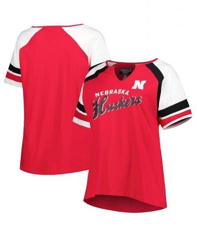 Women's Scarlet Nebraska Huskers Plus Size Arch Raglan Notch Neck T-shirt Scarlet $23.10 Tops