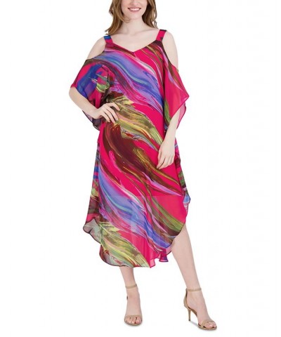 Women's Printed Cold-Shoulder Midi Dress Hot Pink Multi $46.28 Dresses