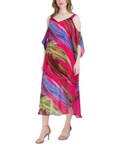 Women's Printed Cold-Shoulder Midi Dress Hot Pink Multi $46.28 Dresses