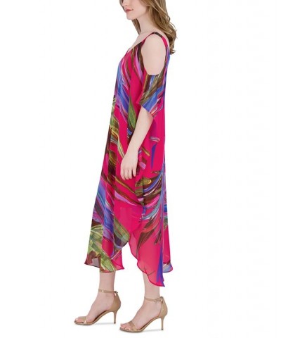 Women's Printed Cold-Shoulder Midi Dress Hot Pink Multi $46.28 Dresses