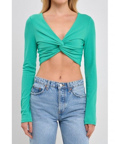 Women's Front Twist Cropped Long Sleeve Top Blue $34.30 Tops