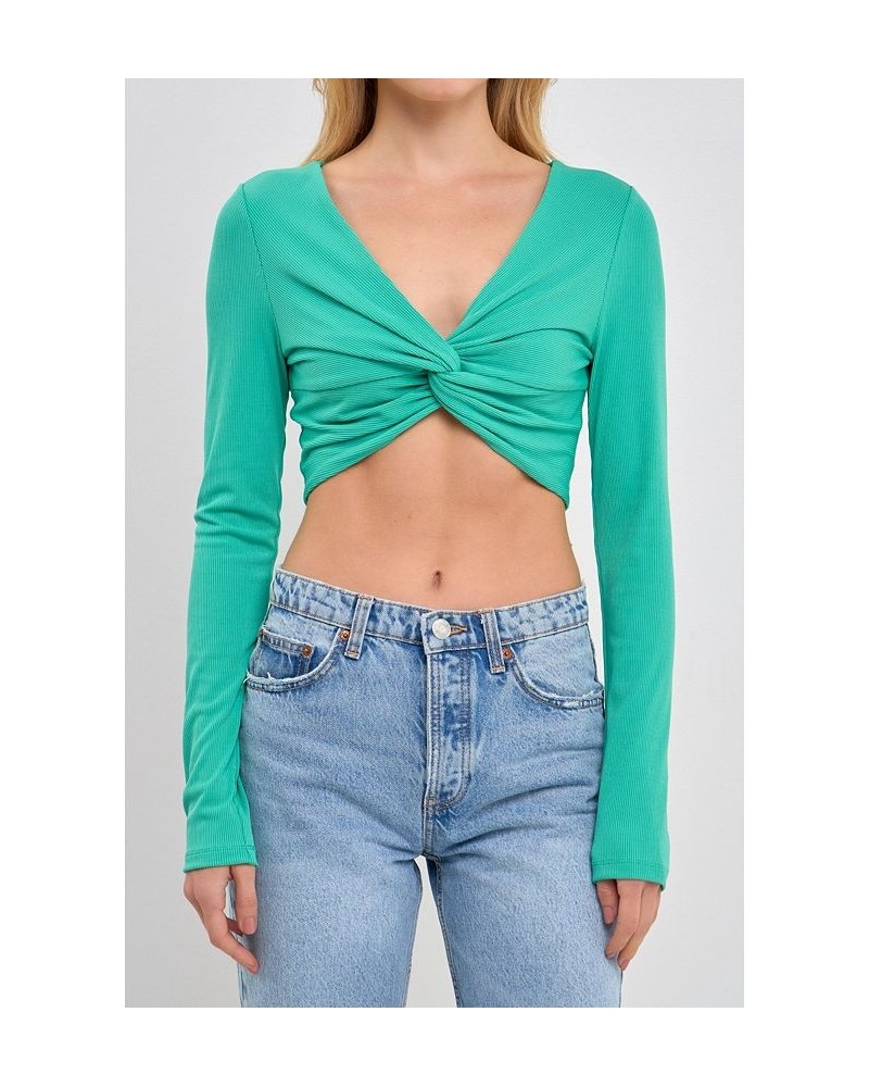 Women's Front Twist Cropped Long Sleeve Top Blue $34.30 Tops