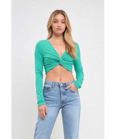 Women's Front Twist Cropped Long Sleeve Top Blue $34.30 Tops