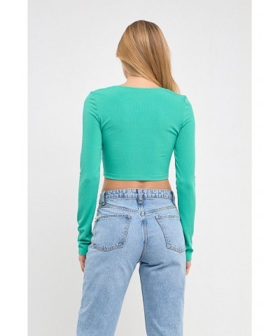 Women's Front Twist Cropped Long Sleeve Top Blue $34.30 Tops