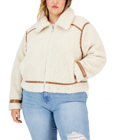 Trendy Plus Size Faux-Leather-Trim Reversible Fleece Moto Coat Cream/Brown $18.42 Coats