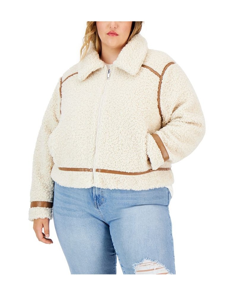 Trendy Plus Size Faux-Leather-Trim Reversible Fleece Moto Coat Cream/Brown $18.42 Coats