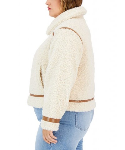 Trendy Plus Size Faux-Leather-Trim Reversible Fleece Moto Coat Cream/Brown $18.42 Coats