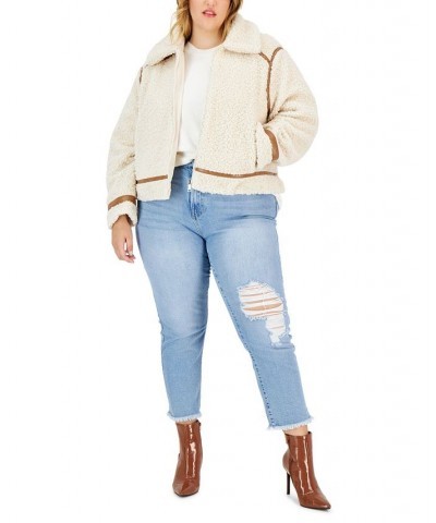 Trendy Plus Size Faux-Leather-Trim Reversible Fleece Moto Coat Cream/Brown $18.42 Coats