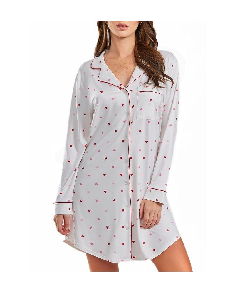 Women's Kyley Heart Print Button Down Sleep Shirt with Contrast Red Trim White-Red $37.23 Sleepwear