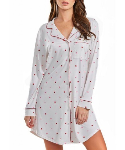 Women's Kyley Heart Print Button Down Sleep Shirt with Contrast Red Trim White-Red $37.23 Sleepwear