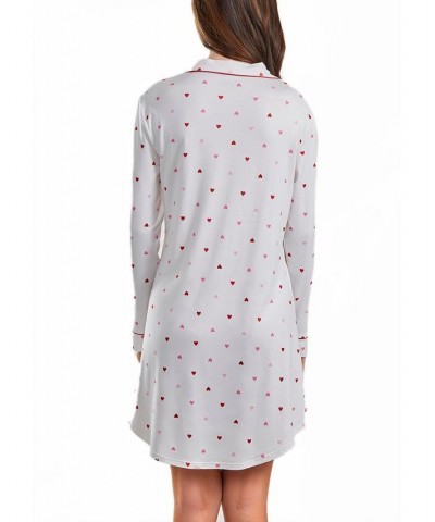 Women's Kyley Heart Print Button Down Sleep Shirt with Contrast Red Trim White-Red $37.23 Sleepwear