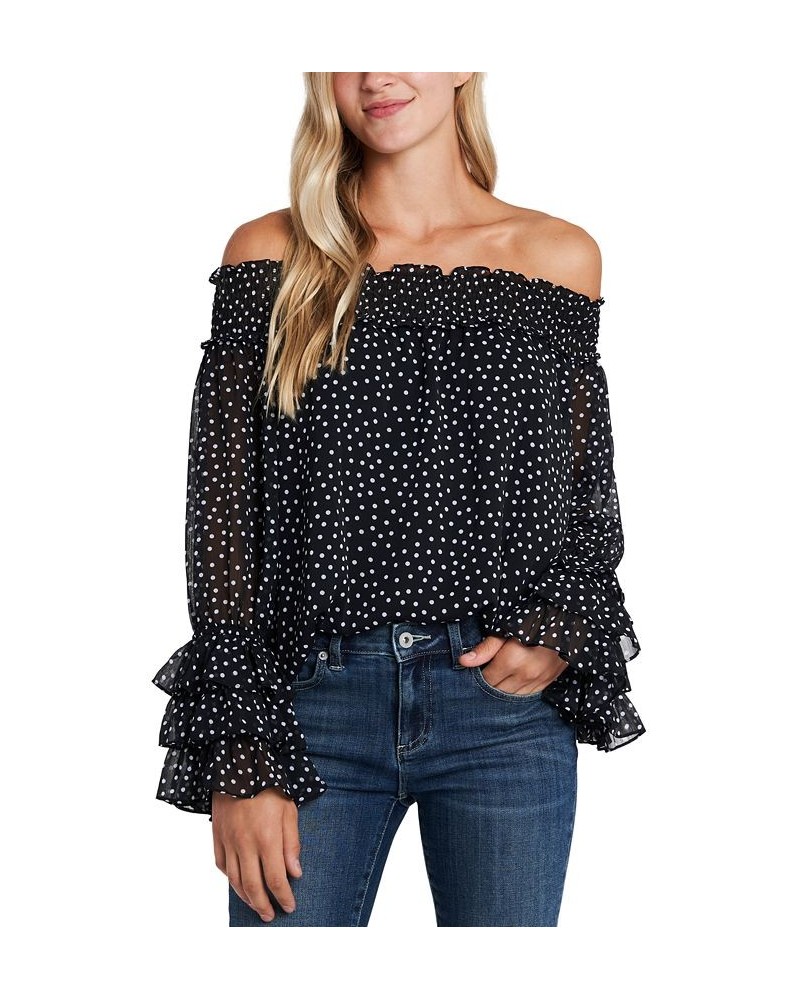 Women's Long Sleeve Smocked Off-The-Shoulder Top Black $32.13 Tops