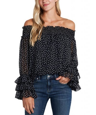 Women's Long Sleeve Smocked Off-The-Shoulder Top Black $32.13 Tops