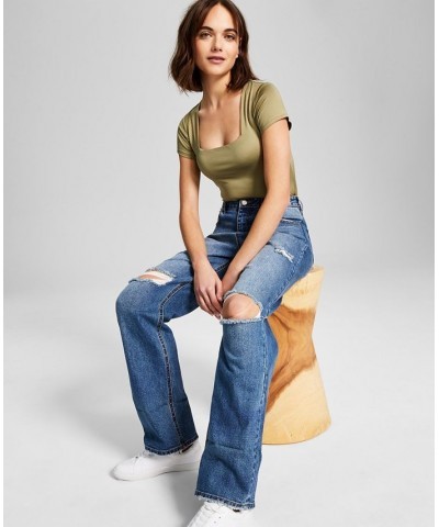 Women's Square-Neck Short-Sleeve Bodysuit Green $12.32 Tops