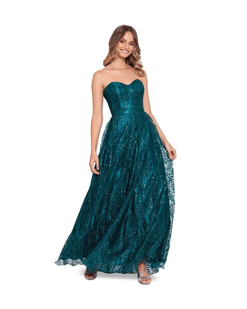 Juniors' Strapless Glitter Ball Gown Teal $114.39 Dresses