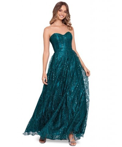 Juniors' Strapless Glitter Ball Gown Teal $114.39 Dresses