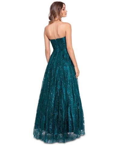 Juniors' Strapless Glitter Ball Gown Teal $114.39 Dresses