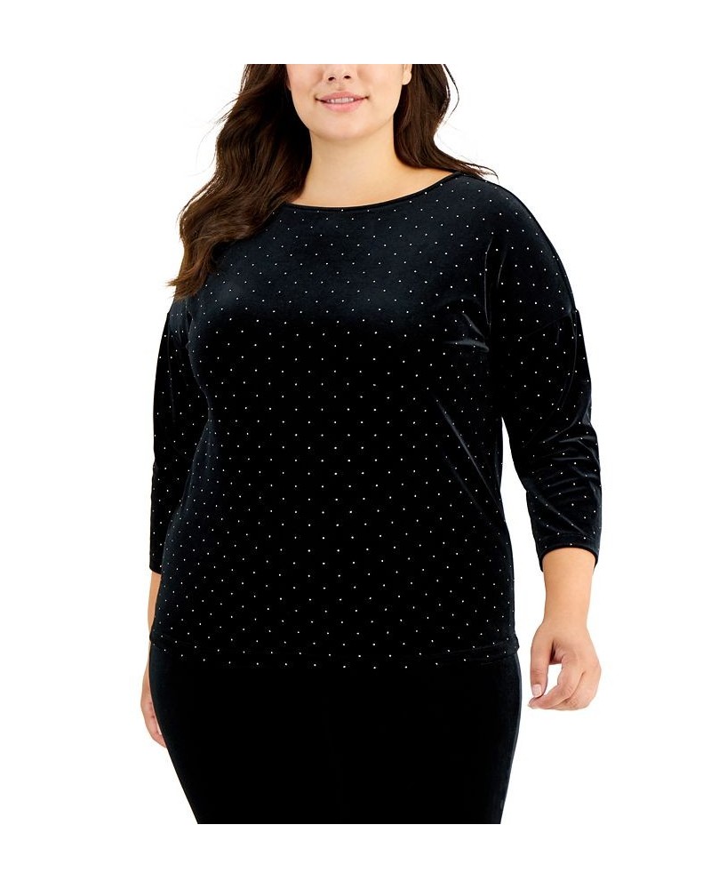 Plus Size Gift Giving Dew Drop Velour Dot-Print Top Black $21.40 Tops