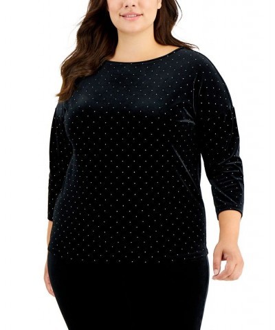 Plus Size Gift Giving Dew Drop Velour Dot-Print Top Black $21.40 Tops