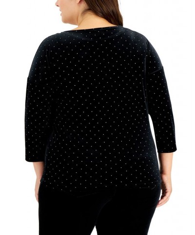 Plus Size Gift Giving Dew Drop Velour Dot-Print Top Black $21.40 Tops