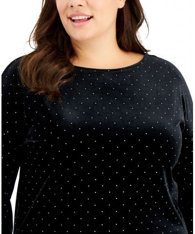 Plus Size Gift Giving Dew Drop Velour Dot-Print Top Black $21.40 Tops