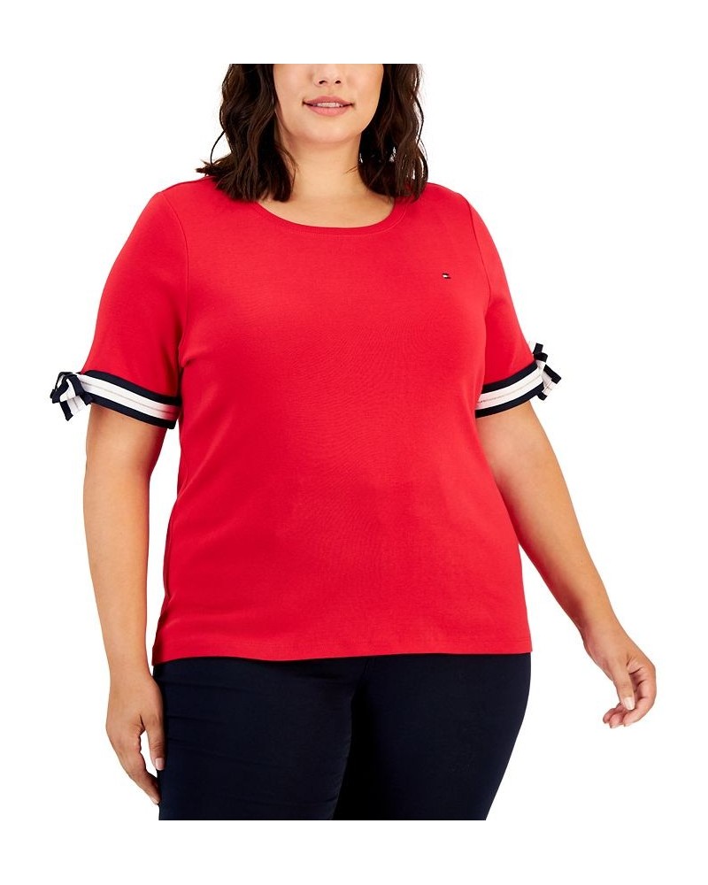 Plus Size Cotton Tie-Sleeve Tee Red $22.35 Tops