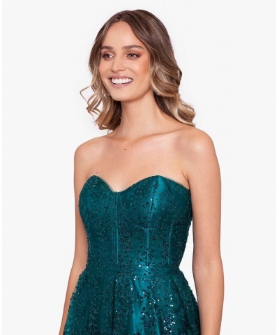 Juniors' Strapless Glitter Ball Gown Teal $114.39 Dresses