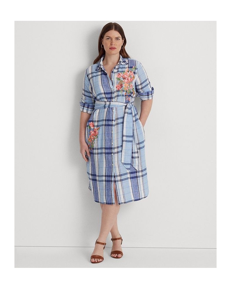 Plus Size Plaid & Floral Linen Shirtdress Blue/white $83.85 Dresses