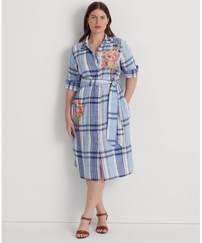 Plus Size Plaid & Floral Linen Shirtdress Blue/white $83.85 Dresses