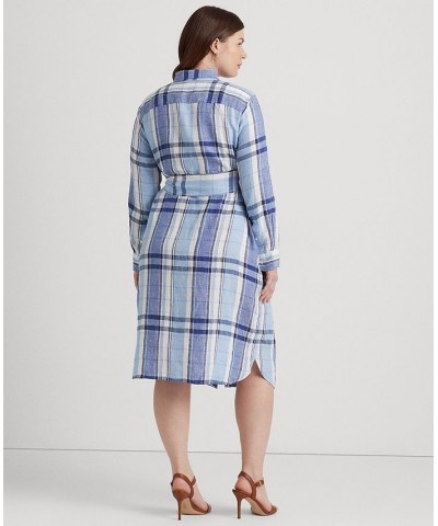 Plus Size Plaid & Floral Linen Shirtdress Blue/white $83.85 Dresses