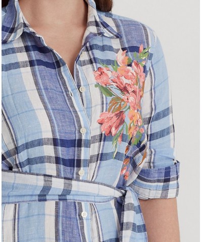 Plus Size Plaid & Floral Linen Shirtdress Blue/white $83.85 Dresses