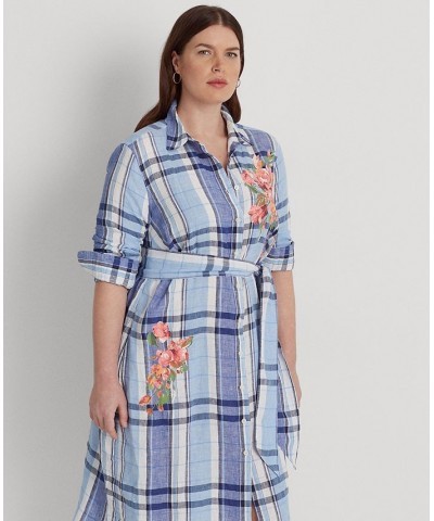 Plus Size Plaid & Floral Linen Shirtdress Blue/white $83.85 Dresses