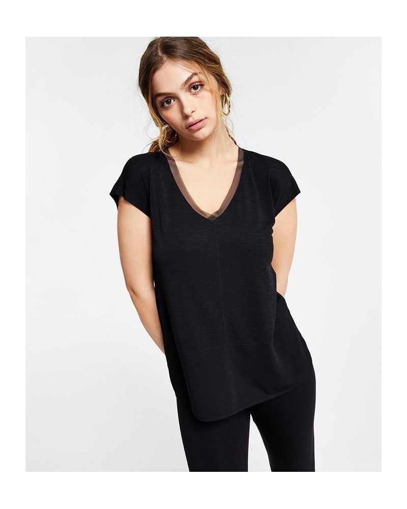 V-Neck Mixed-Media Mesh Top Regular & Petite Black $14.28 Tops