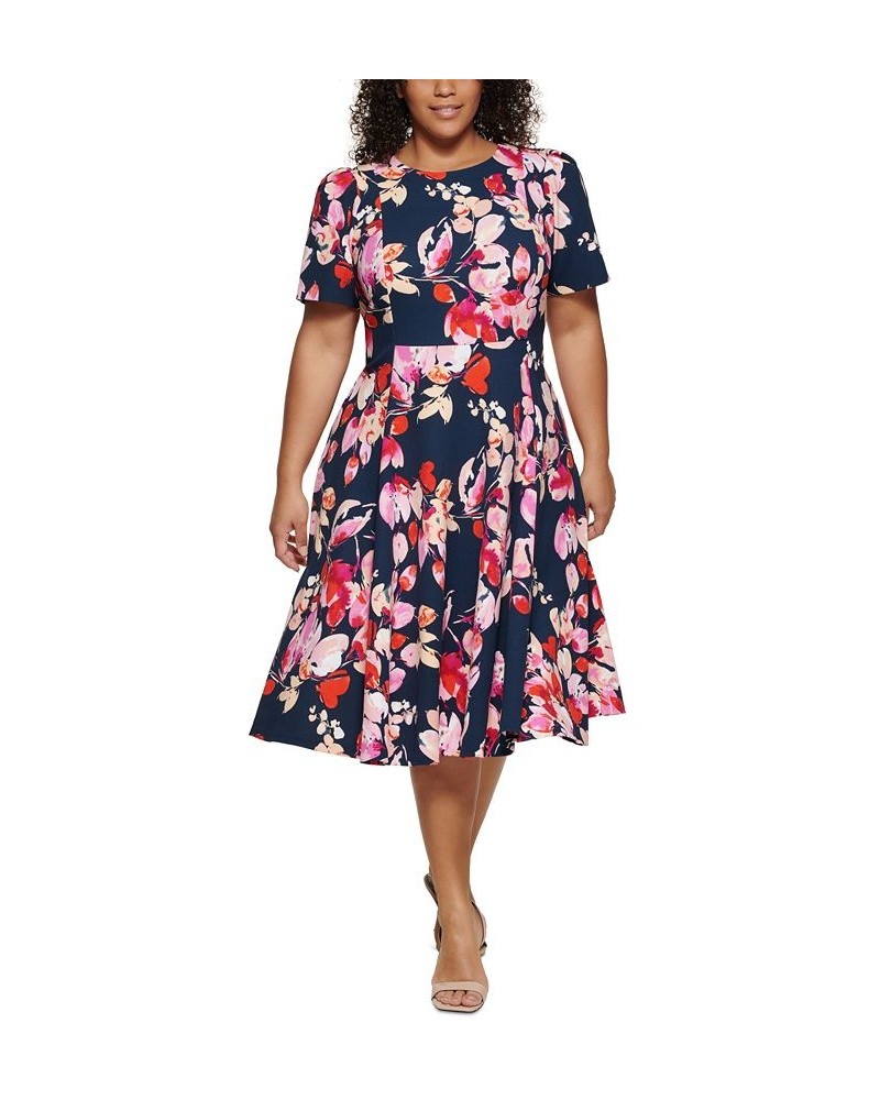 Plus Size Printed Scuba Crepe Short-Sleeve Dress Indigo Multi $34.76 Dresses