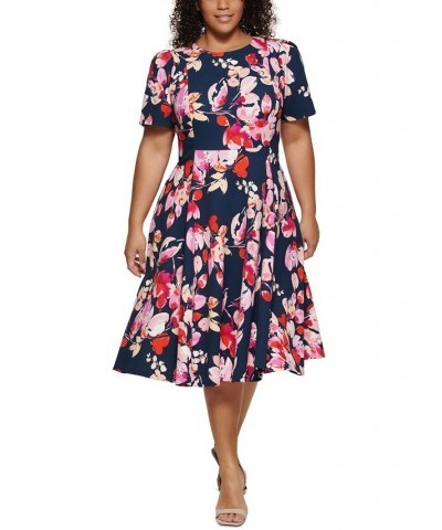 Plus Size Printed Scuba Crepe Short-Sleeve Dress Indigo Multi $34.76 Dresses